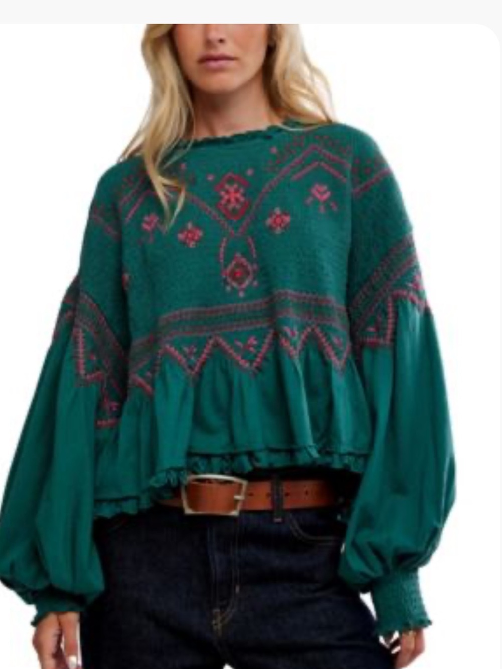0132. Free People Holly Green and Pink Embroidered Boho Blouse